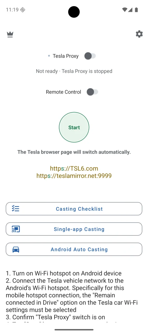 TeslaMirror 10.03 in English light mode, showing https://TSL6.com, Single-app Casting, and Android Auto Casting.